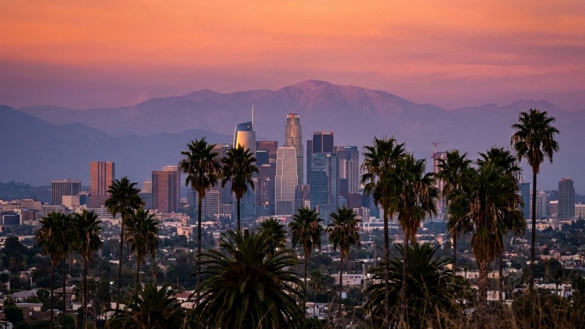 Palm trees against a sunset gradient above the words Los Angeles voice over talent