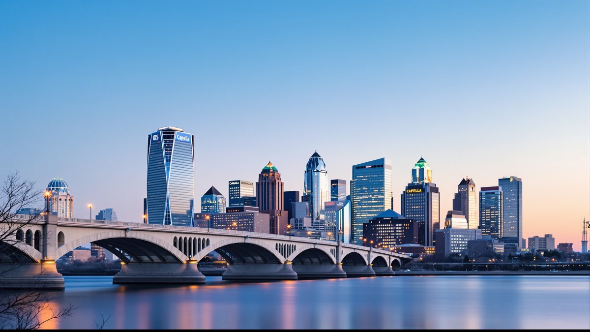 The arches of the Stone Arch Bridge on ice blue above the words Minneapolis and St Paul voice over talent