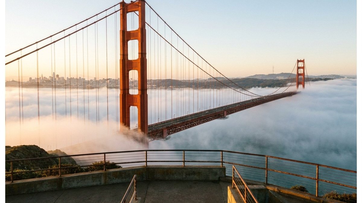 The Golden Gate Bridge towers in fog above the words San Francisco voice over talent