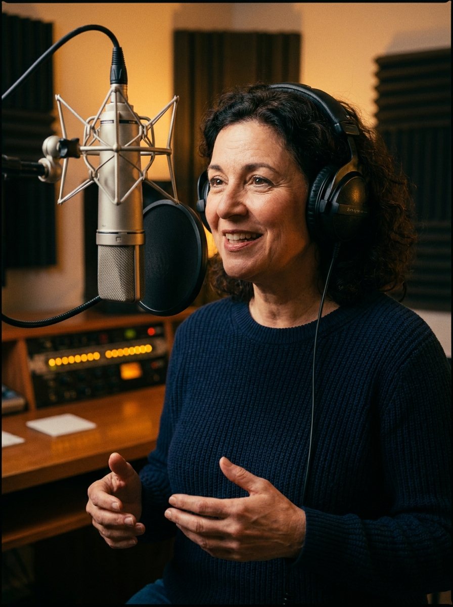 A voice over artist recording in a home studio