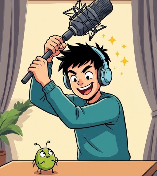 He lifts a giant microphone over his head, grinning