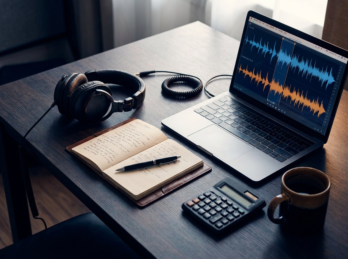 Overhead view of a desk with studio headphones, an open notebook, a laptop showing an audio waveform, a calculator and a mug