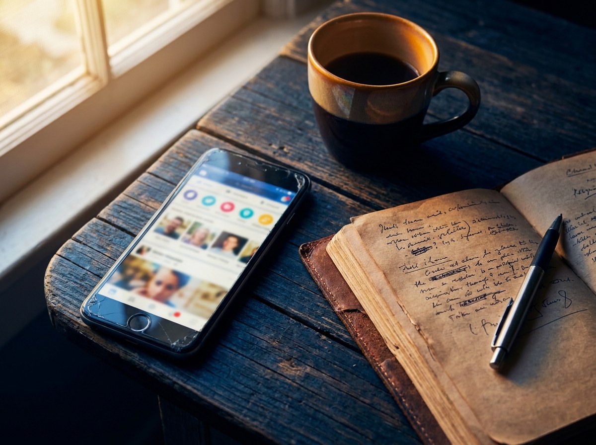 A smartphone showing a blurred social feed on a desk next to a notebook, a pen and a coffee
