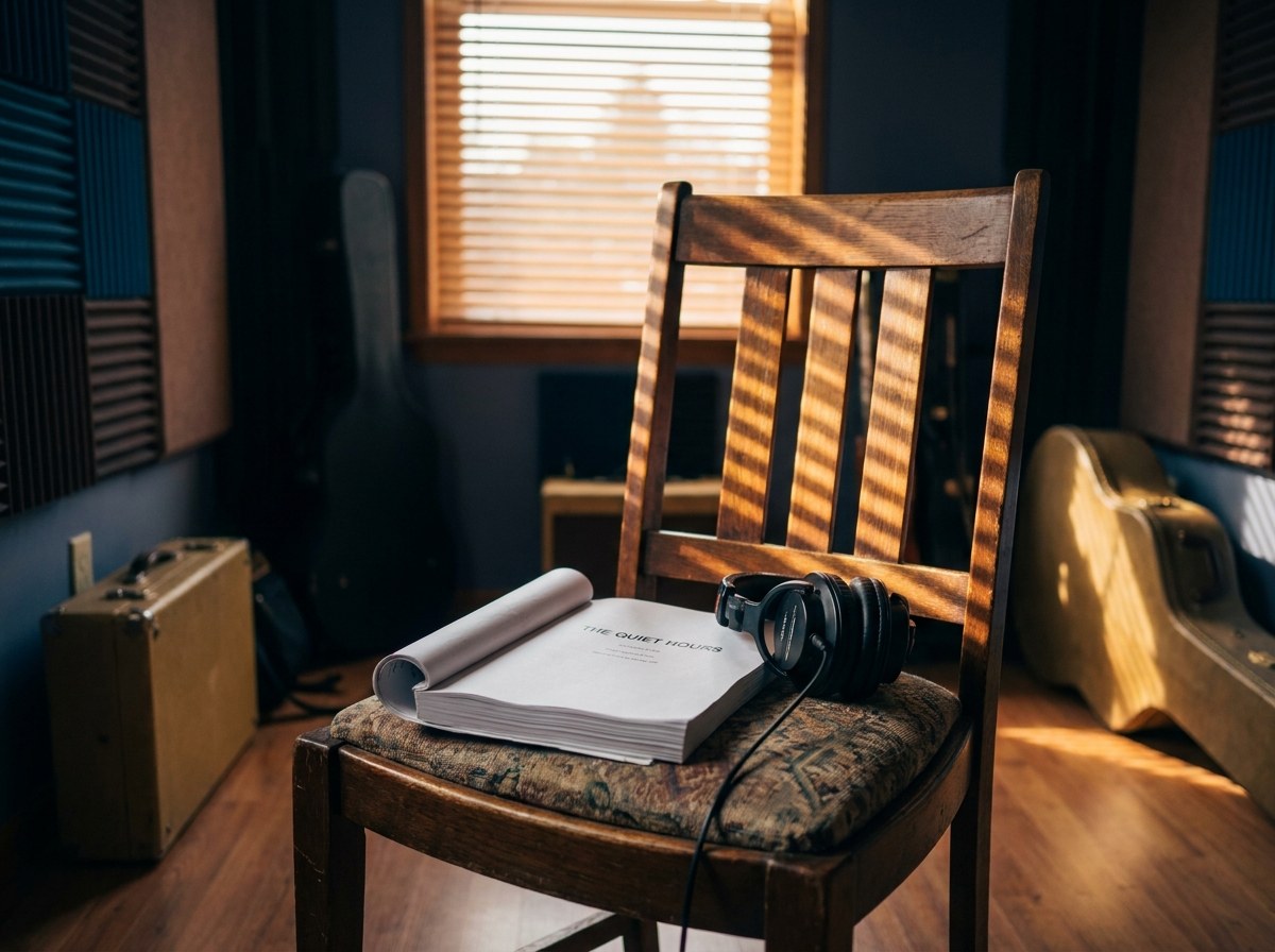 An empty wooden chair in a small studio with a printed script and headphones resting on the seat