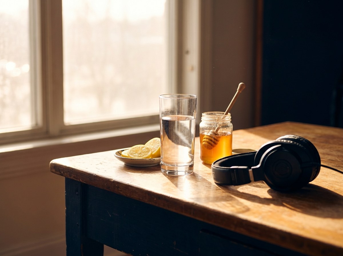A glass of water, sliced lemon and a jar of honey on a studio desk next to a pair of headphones
