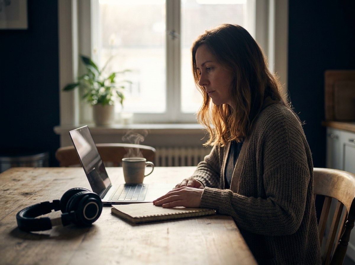 A woman at a kitchen table early in the morning, planning in a notebook beside a laptop, a coffee and a pair of studio headphones
