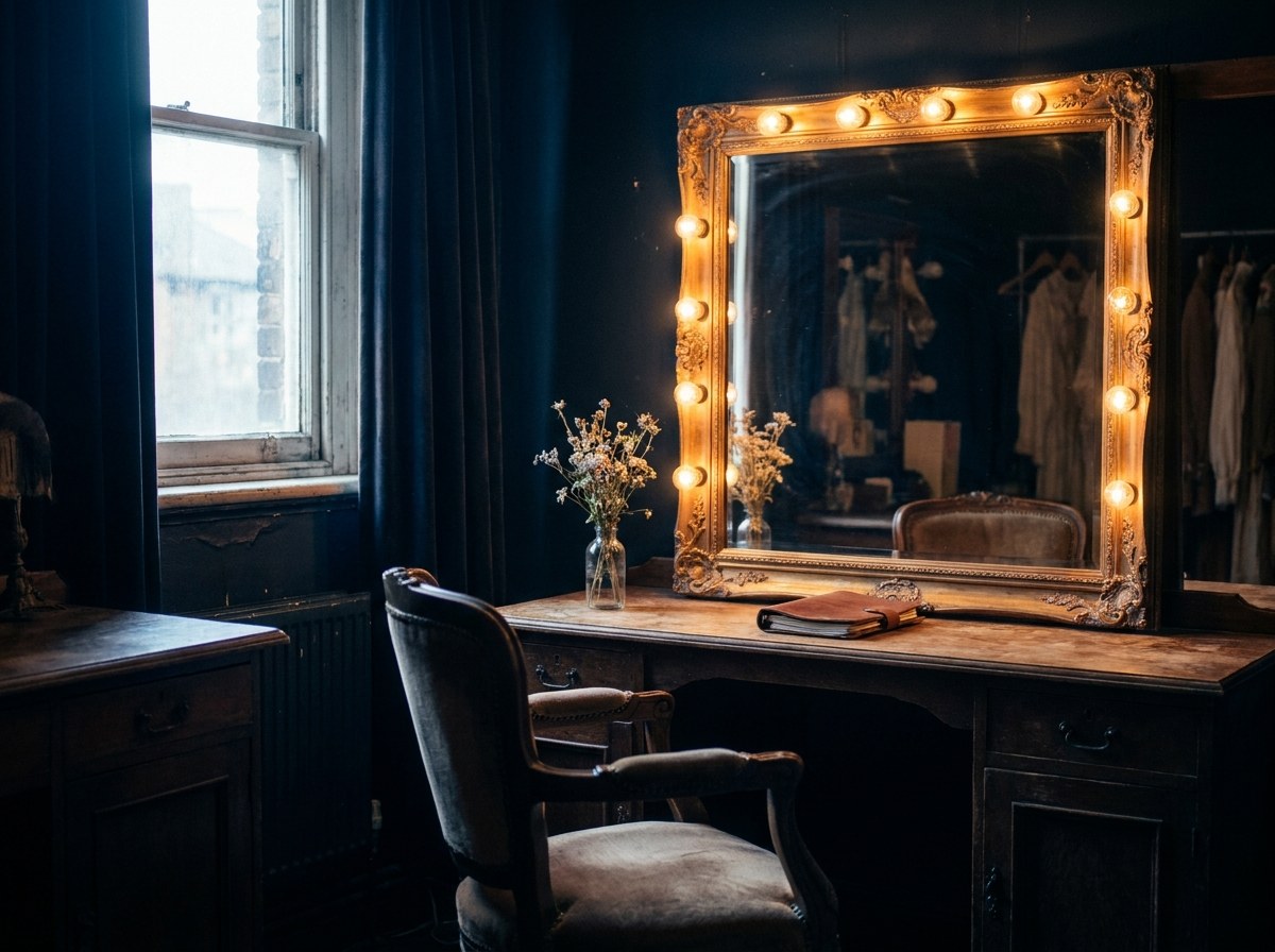 A dressing room mirror ringed with warm bulbs, an empty chair and a small vase of flowers