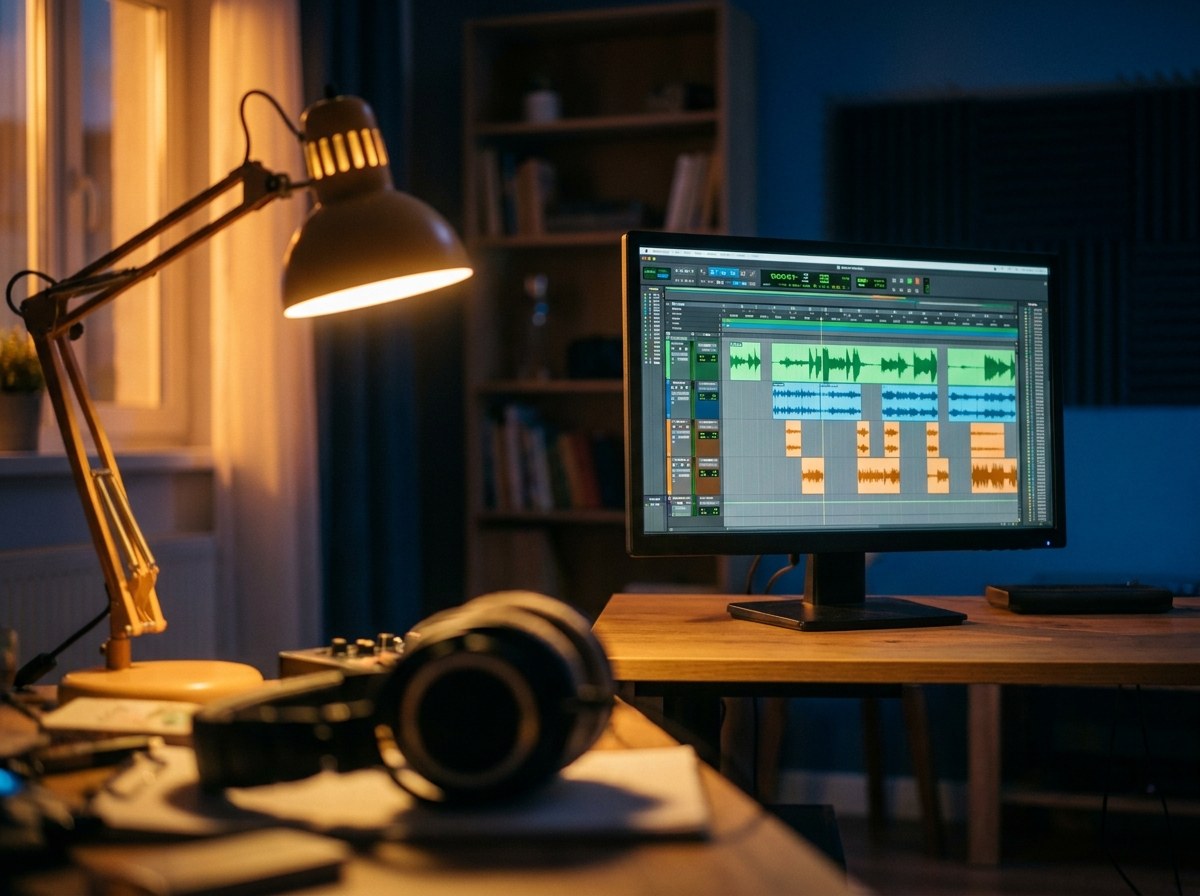 A monitor in a dim home studio showing an audio timeline of short coloured clips, with headphones in the foreground