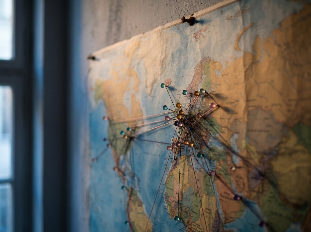 A world map on a wall with coloured pins joined by strings between cities