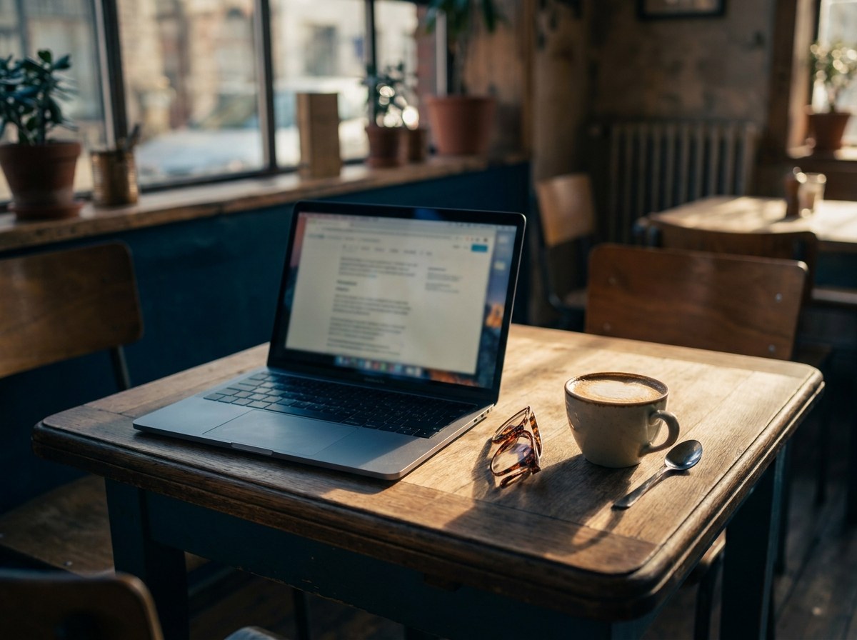 A laptop on a cafe table showing a blurred search page, with reading glasses and a coffee beside it