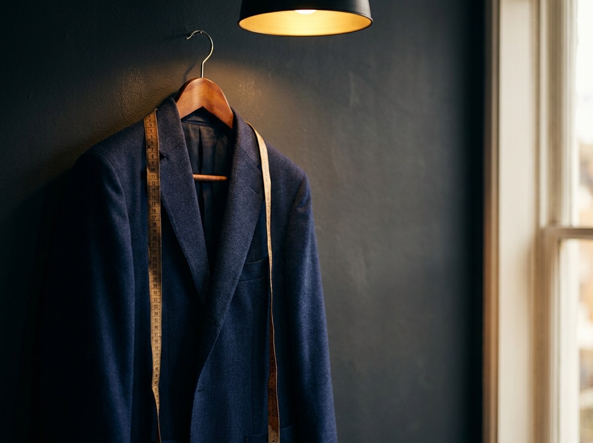 A tailored navy blazer on a wooden hanger with a measuring tape draped over the shoulder