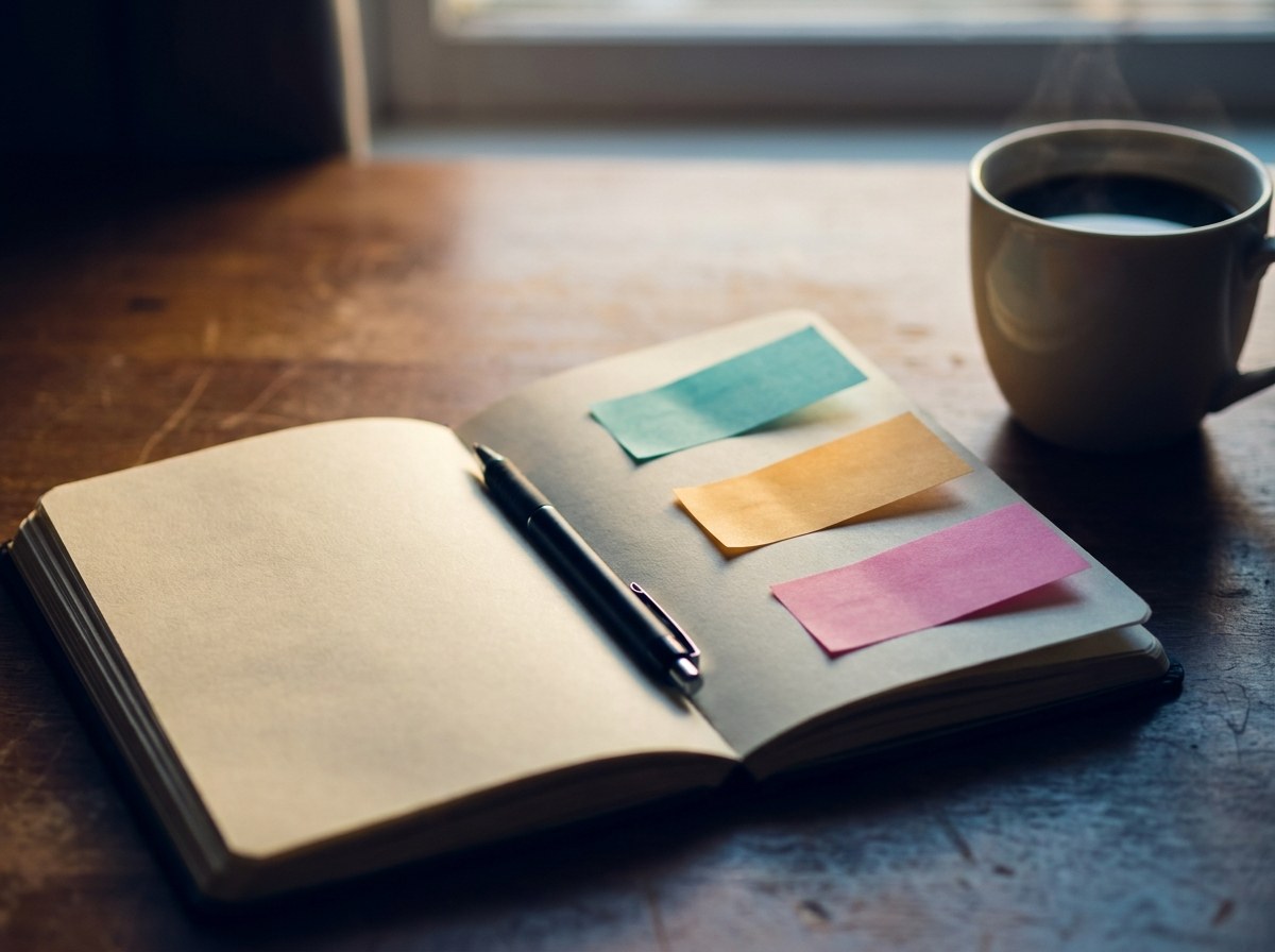 An open notebook with three blank coloured sticky notes, a pen and a cup of coffee
