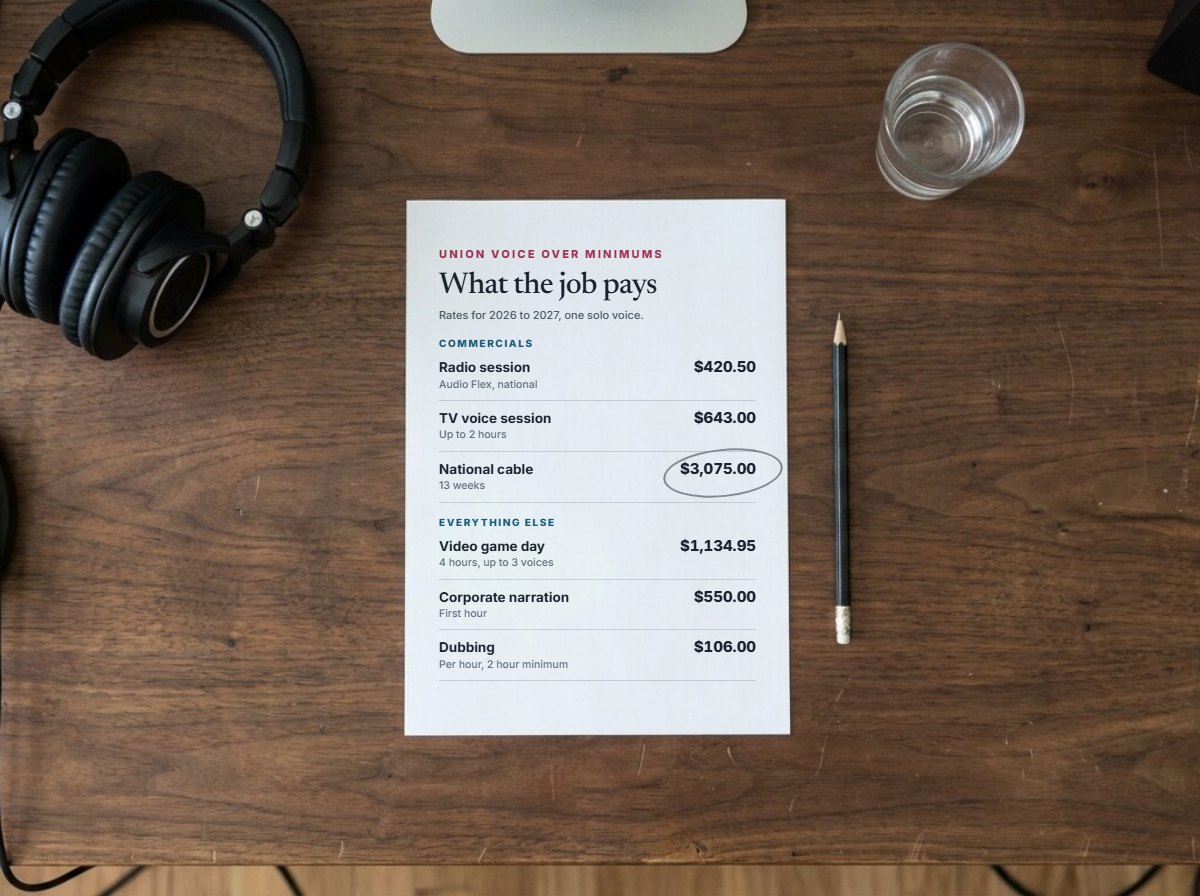 A printed union voice over rate card lying on a walnut studio desk beside headphones, a pencil and a glass of water