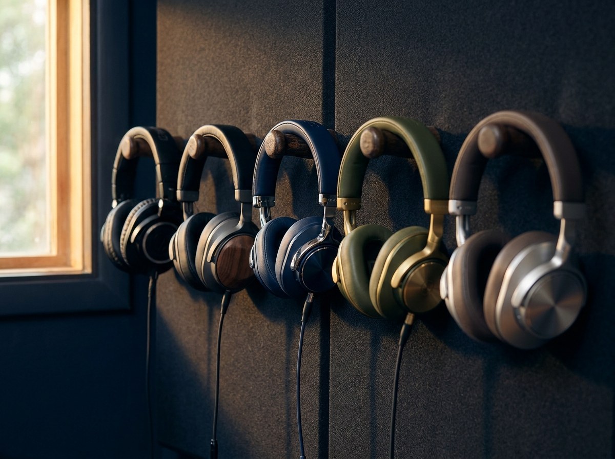 Five different pairs of studio headphones hanging in a row on wooden hooks against acoustic foam