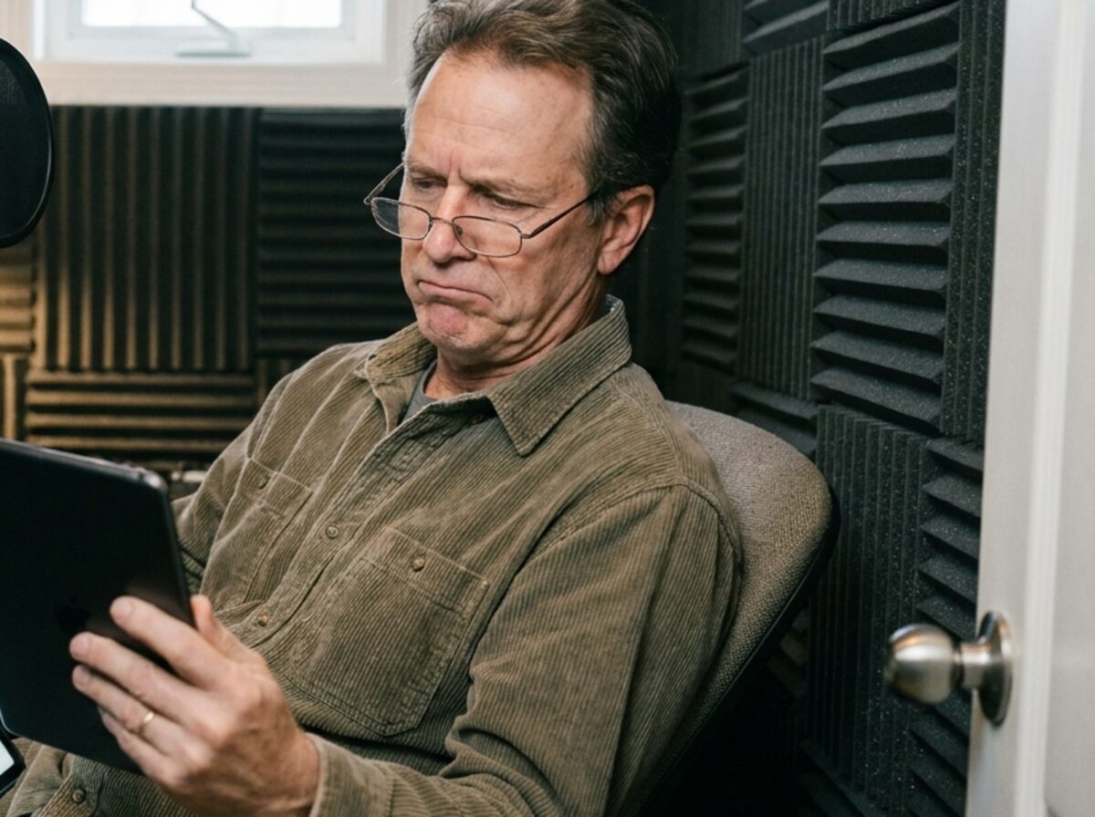 A voice actor in a home recording booth frowning at the terms of a voice over job on his tablet