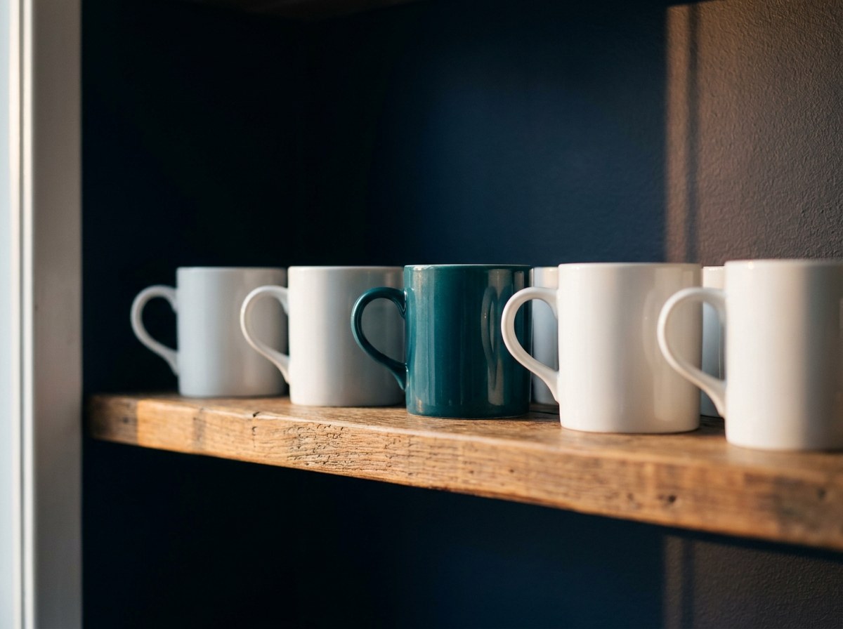A row of plain white mugs on a wooden shelf, with one teal mug standing out