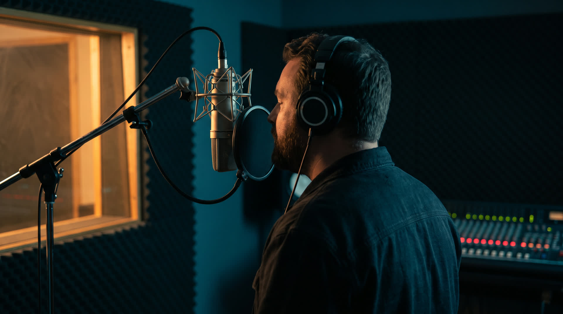 A voice actor in headphones recording at a condenser microphone and pop filter in a foam lined booth, a mixing desk behind him