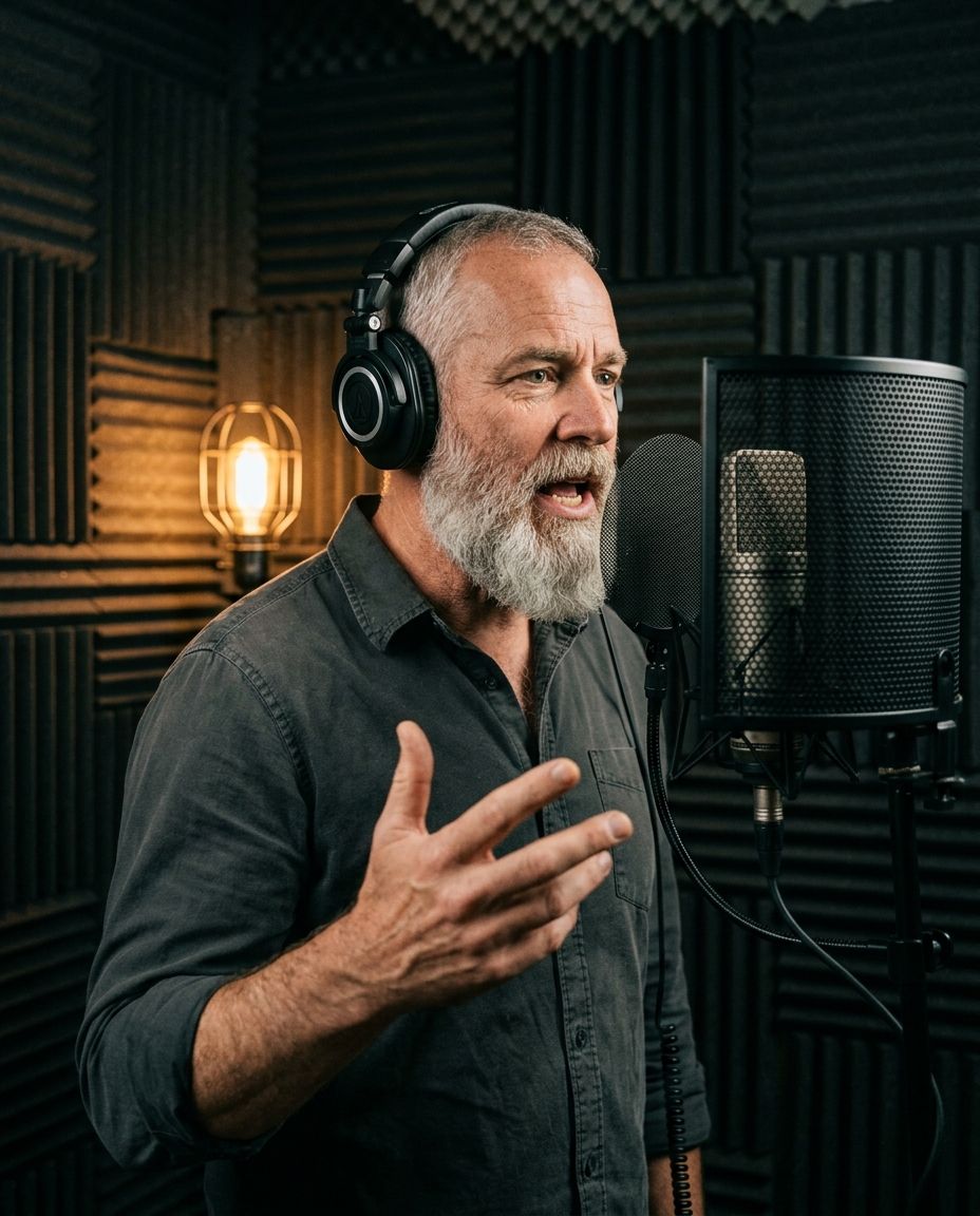 A voice actor recording in his home studio
