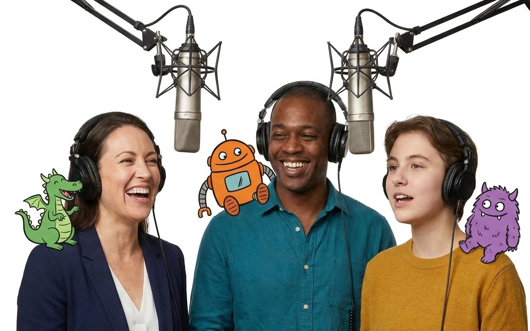 Voice actors at the microphone with the cartoon characters they play on their shoulders