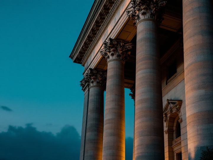 Authoritative voice tone: tall stone columns