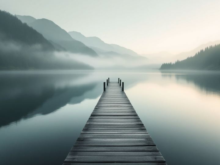 Calm voice tone: a jetty on a still lake at dawn