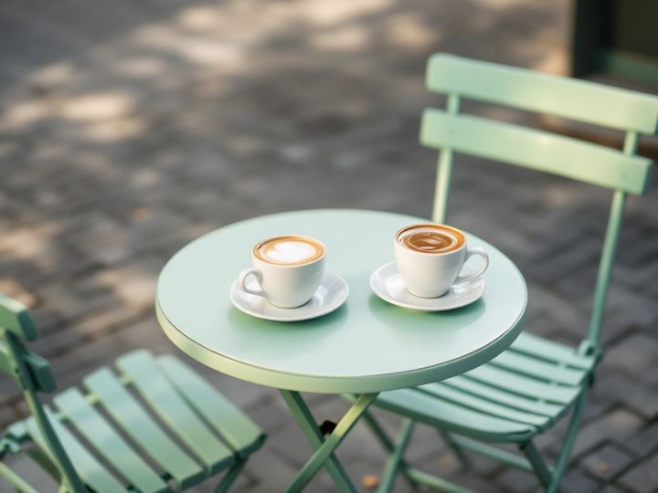 Conversational voice tone: two coffees at a cafe table