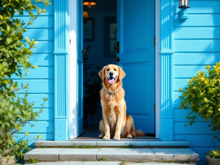 Friendly voice tone: a golden retriever at an open front door