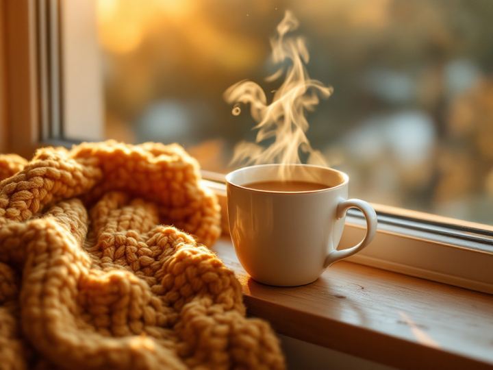 Warm voice tone: a steaming cup of tea in golden light